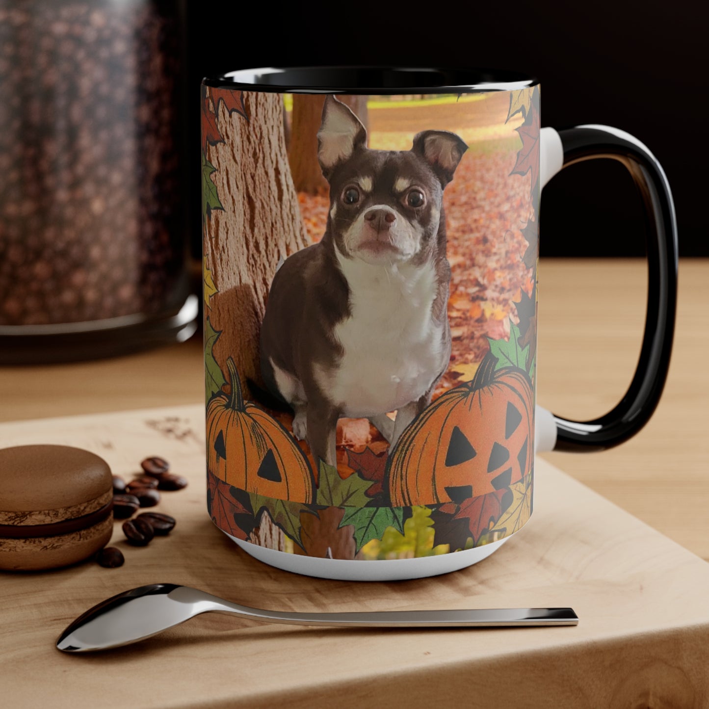 Autumn Pet-Themed Accent Mug | Cute Dog & Pumpkin Design, Fall Coffee Cup, Gift for Pet Lovers, Halloween Decor, Cozy Tea Mug