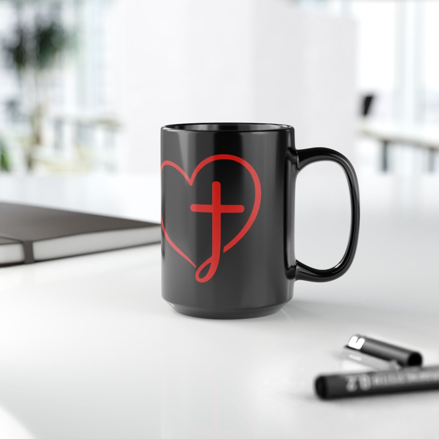 Black Mug — Scrolled Heart Cross 'J' Design (11oz & 15oz)