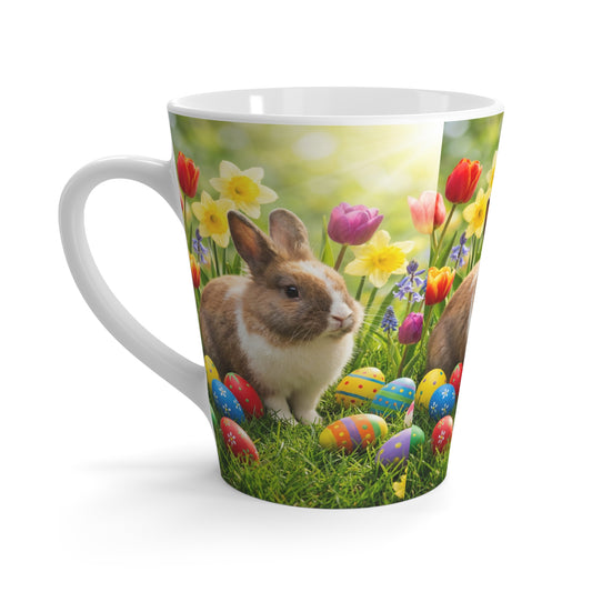 Easter Bunny Latte Mug — Spring Rabbits, Colorful Eggs & Flowers Coffee Cup