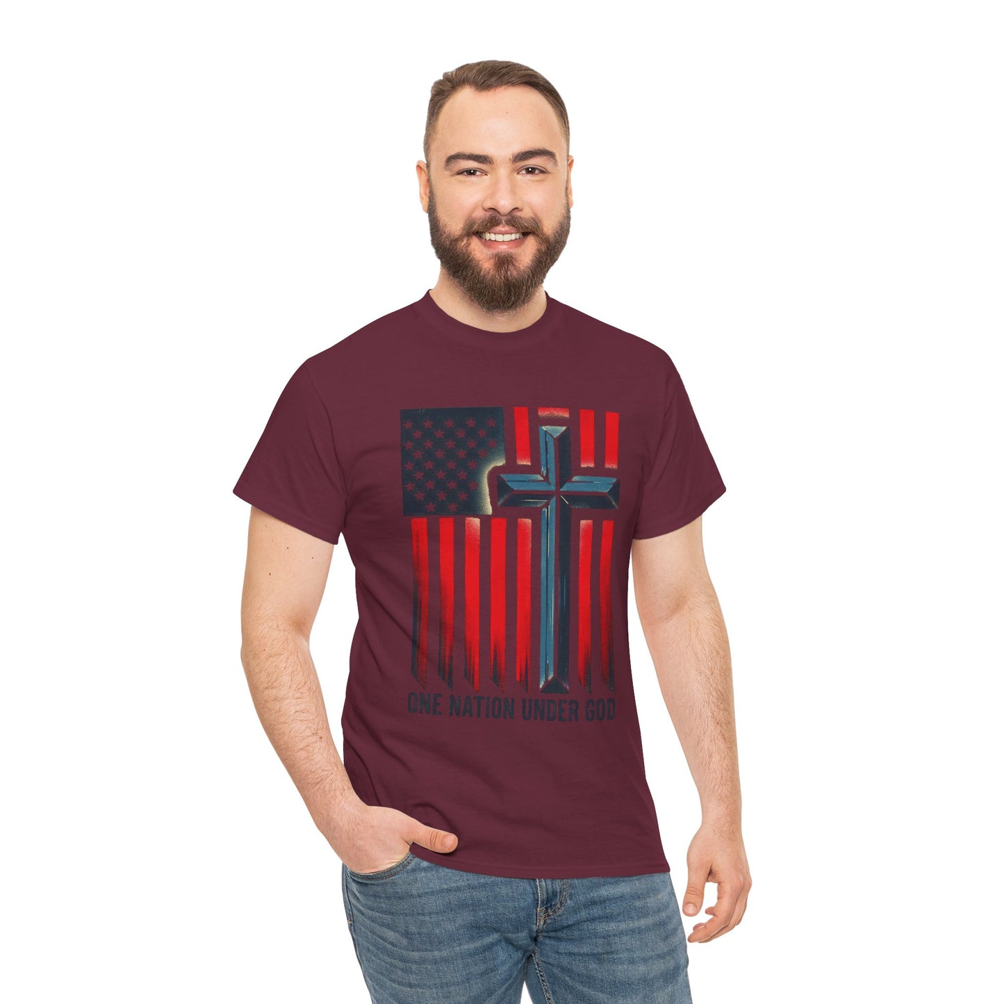 Patriotic Cross T-Shirt — "One Nation Under God" American Flag Tee
