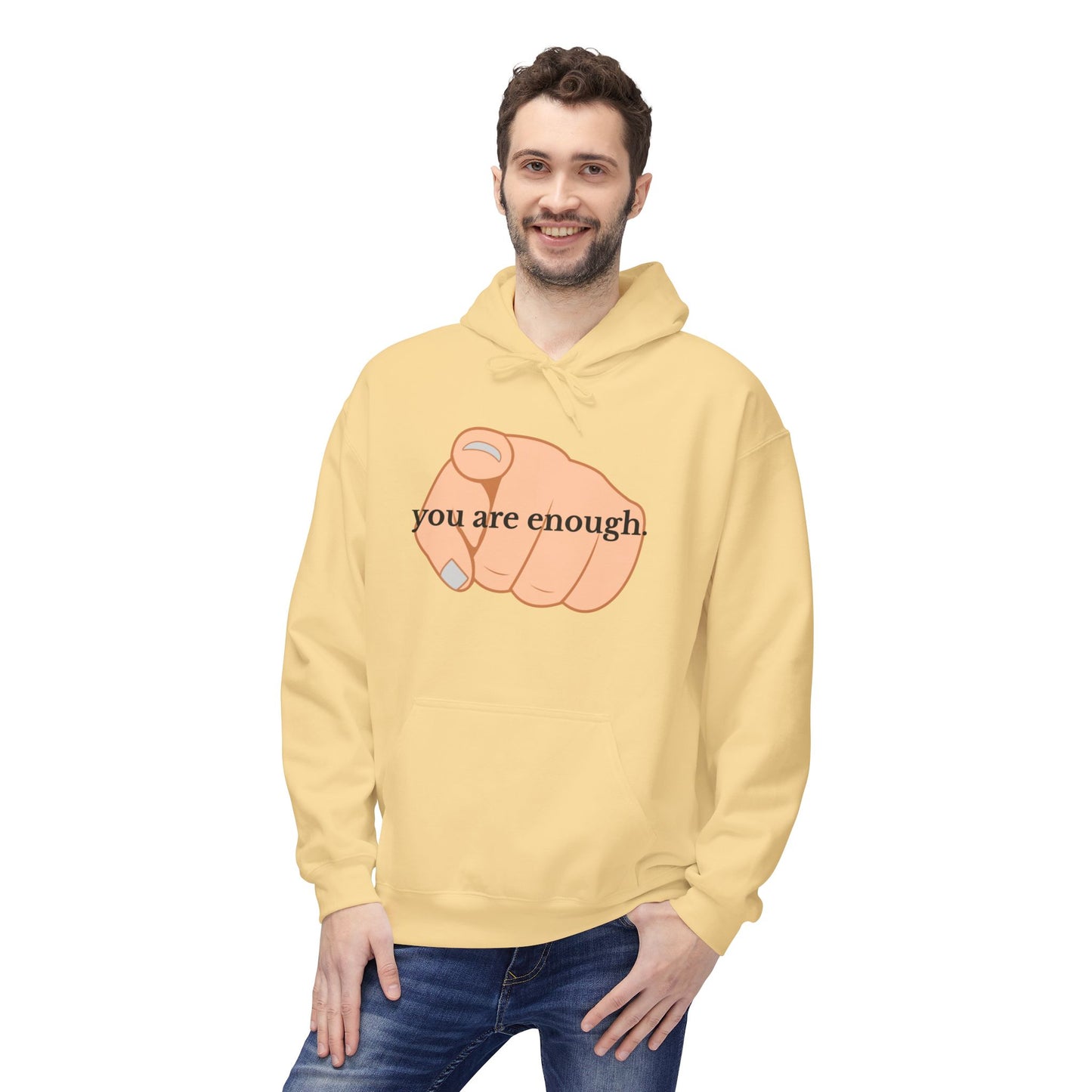 "You Are Enough" Inspirational Hoodie with Pointing Design (Back Message: Encouraging Note)