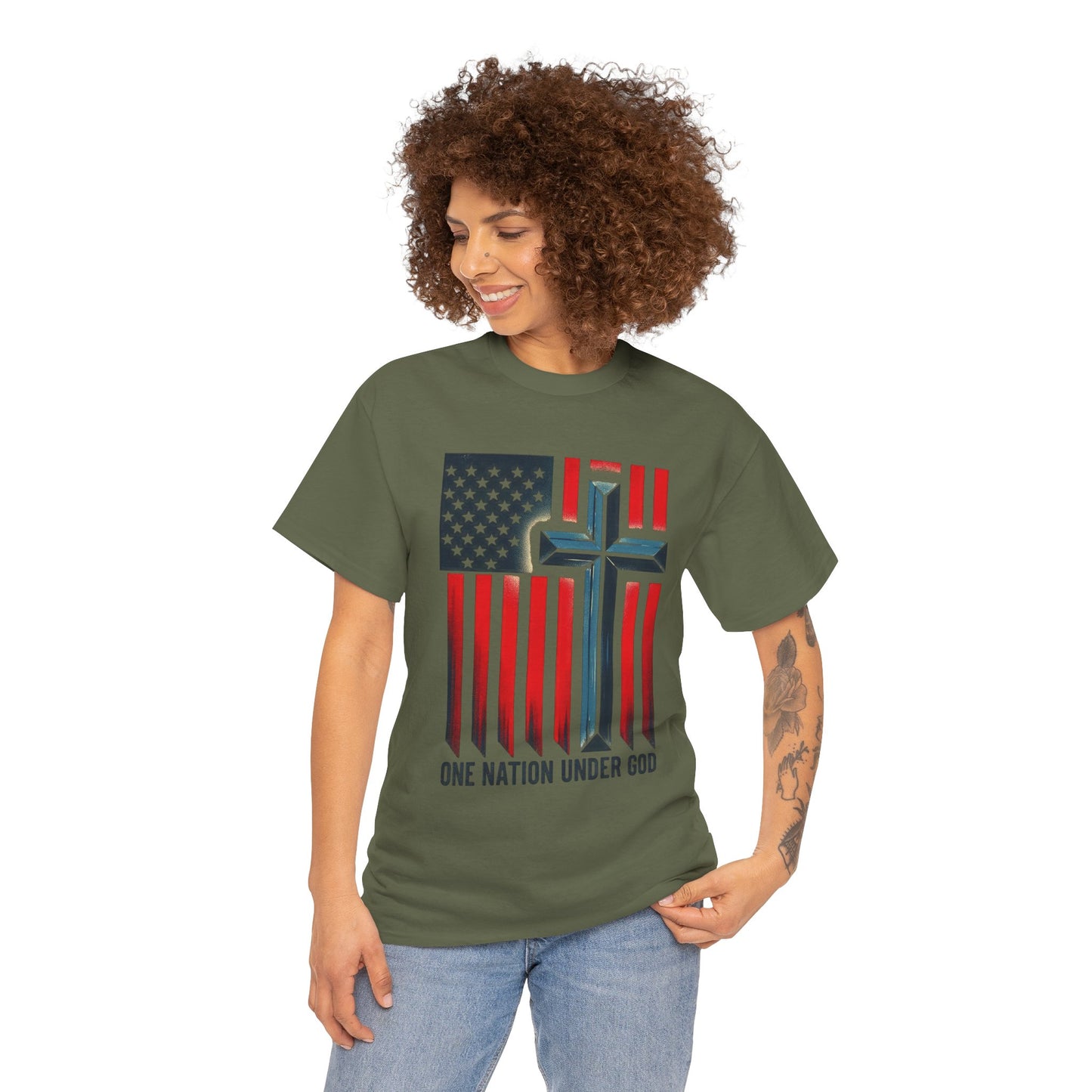 Patriotic Cross T-Shirt — "One Nation Under God" American Flag Tee