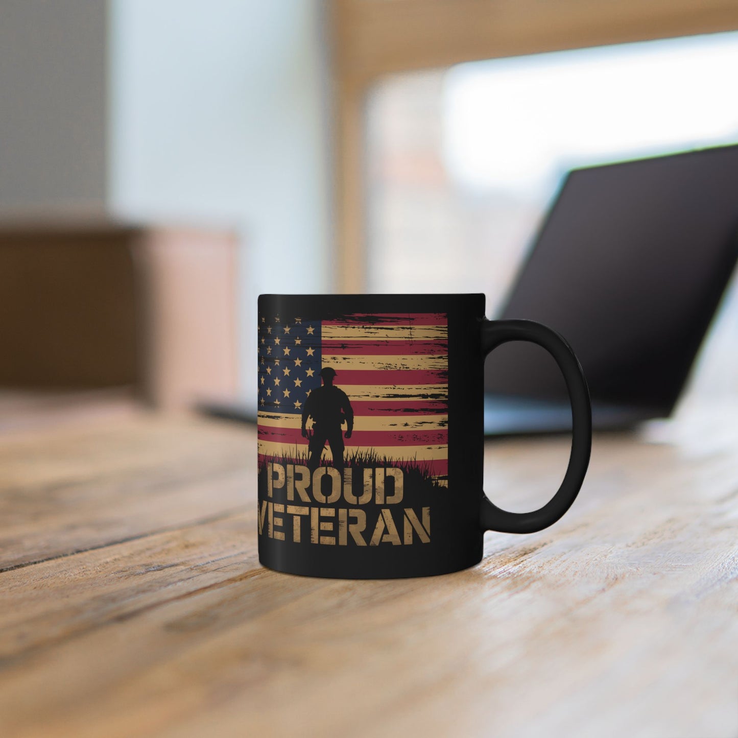Proud Veteran Black Mug – American Flag Silhouette Coffee Cup (11oz/15oz)