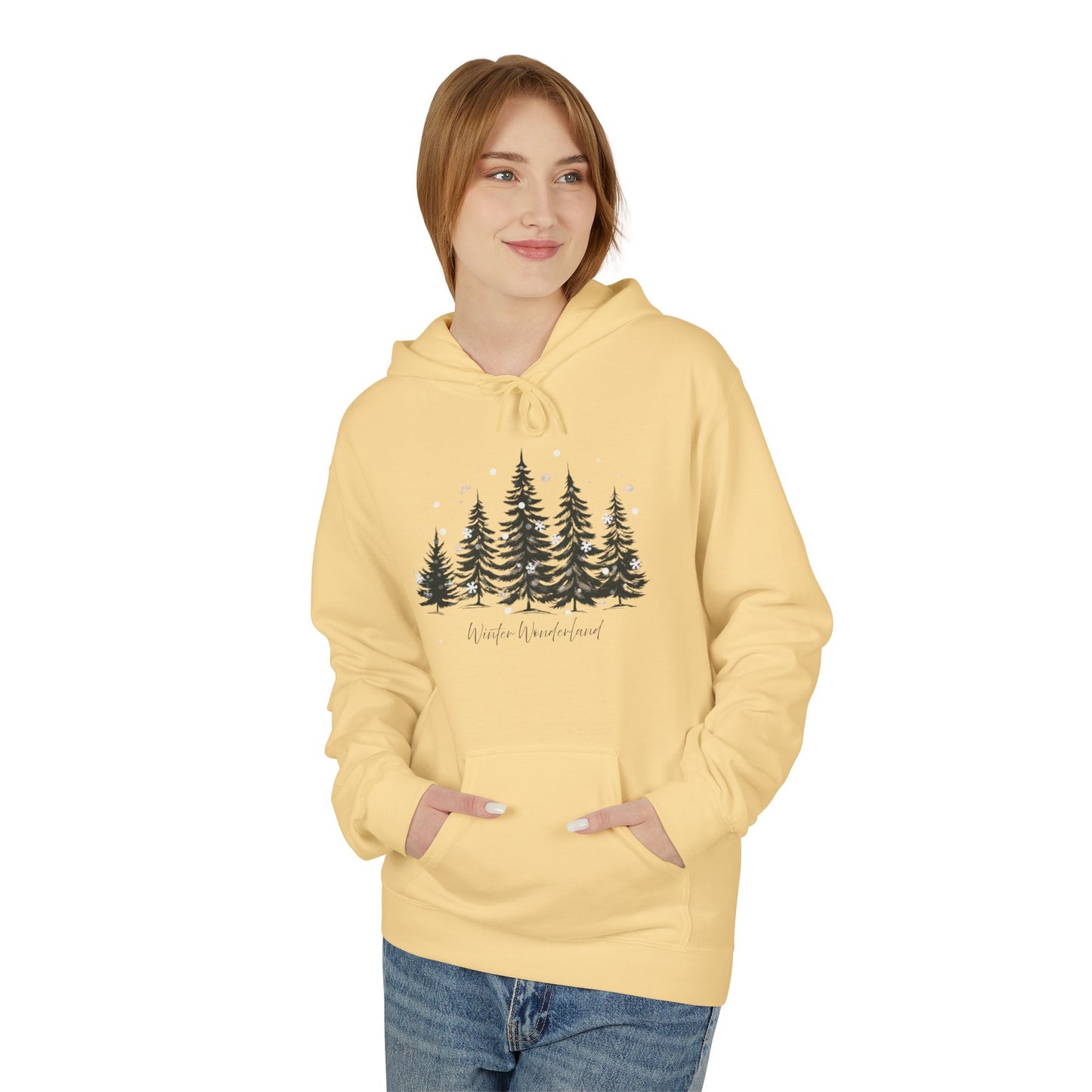 Cozy Forest Winter Hoodie with Snowflakes