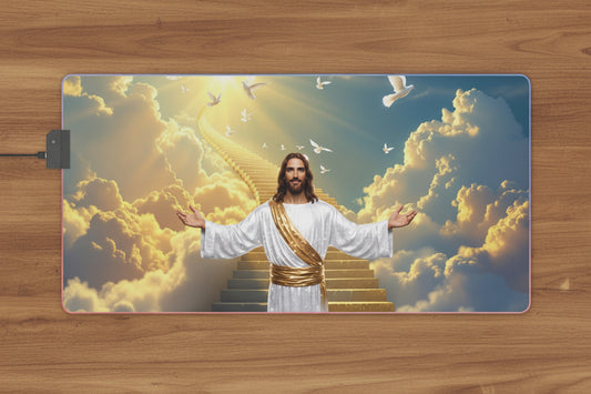 LED Gaming Mouse Pad — Jesus on Golden Stairway Design (RGB Light-Up)