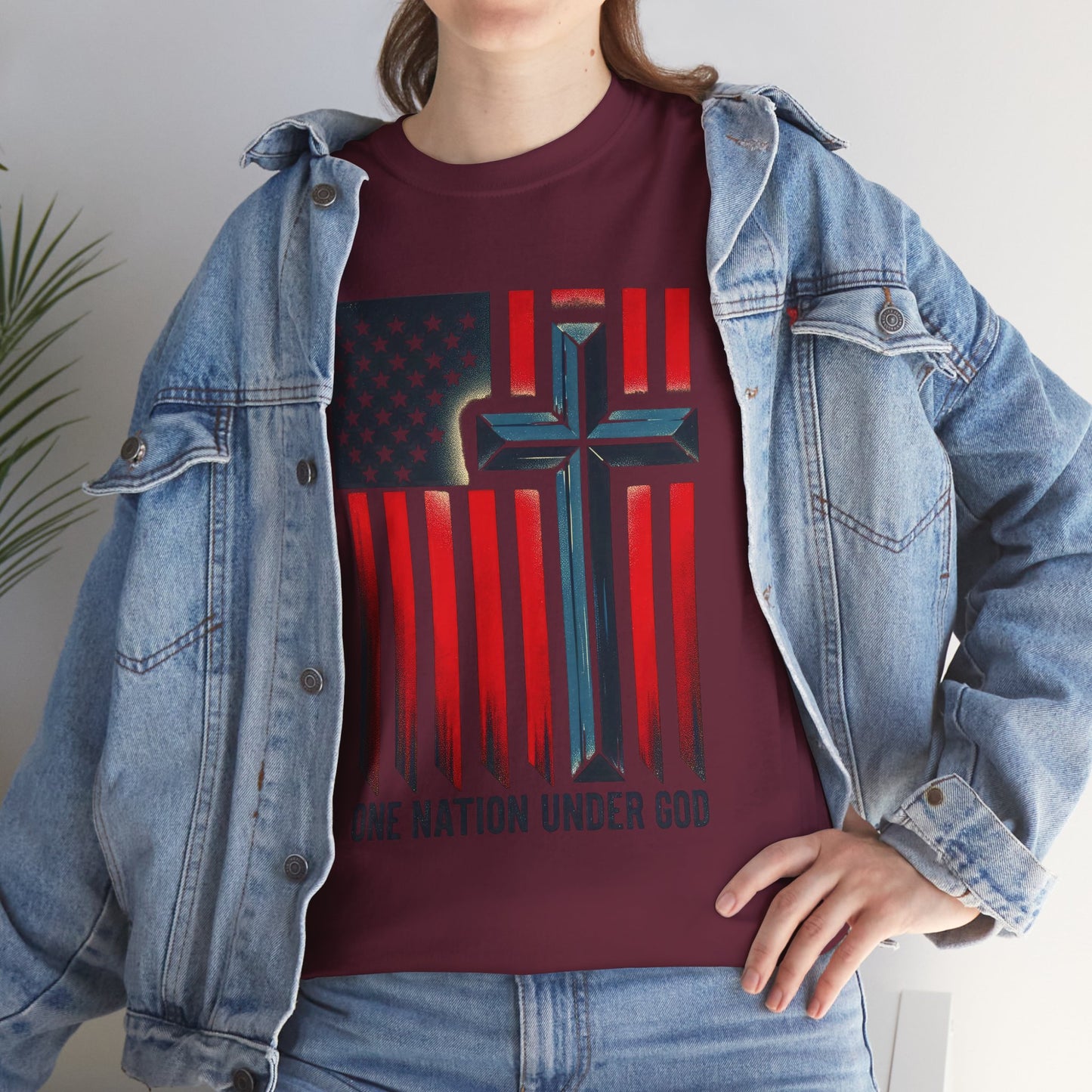 Patriotic Cross T-Shirt — "One Nation Under God" American Flag Tee