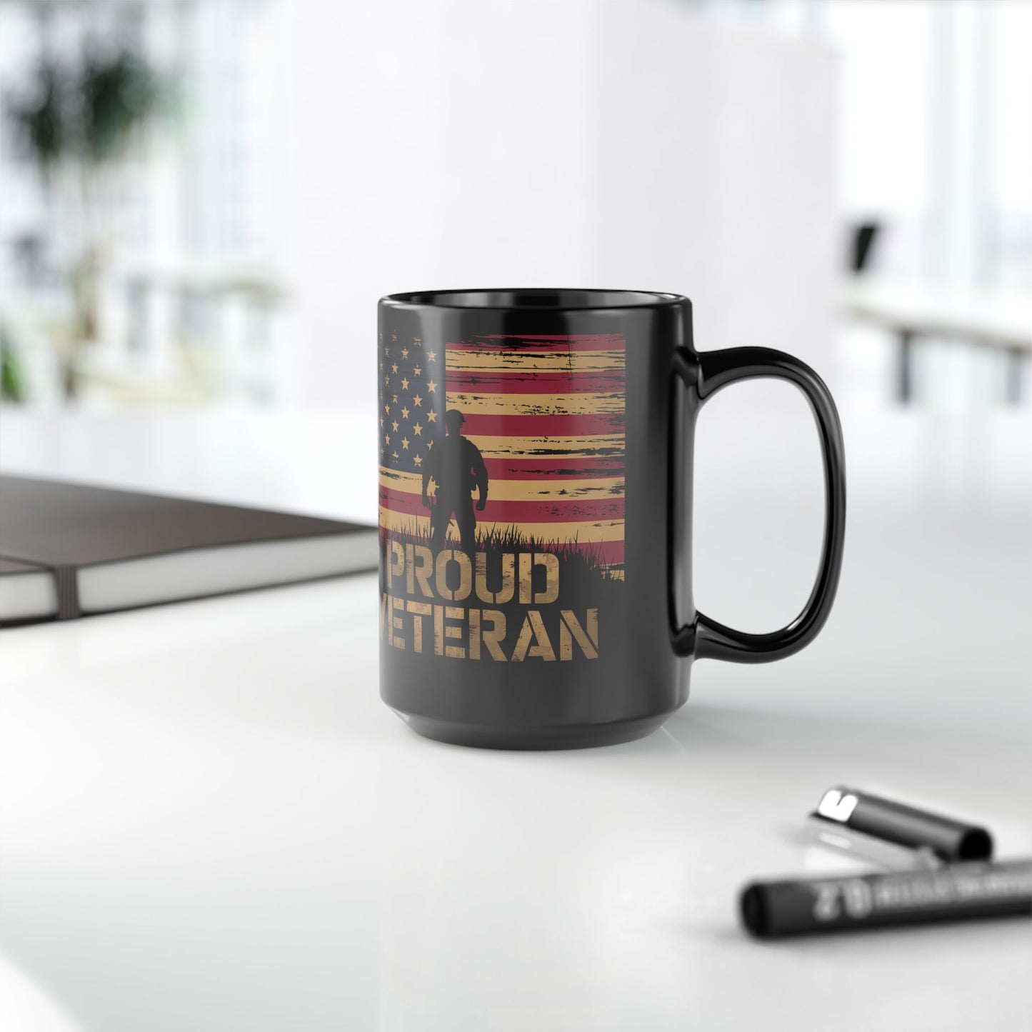 Proud Veteran Black Mug – American Flag Silhouette Coffee Cup (11oz/15oz)