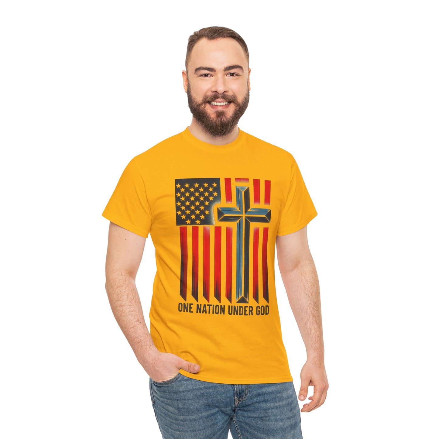 Patriotic Cross T-Shirt — "One Nation Under God" American Flag Tee