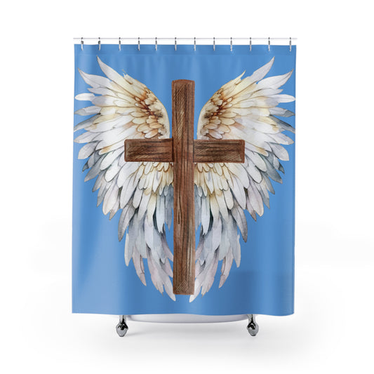 Faithful Wings Shower Curtain — Wooden Cross with Angel Wings Bathroom Decor
