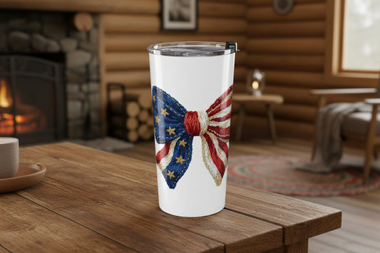 Patriotic 20 oz Tumbler with American Flag Bow Design